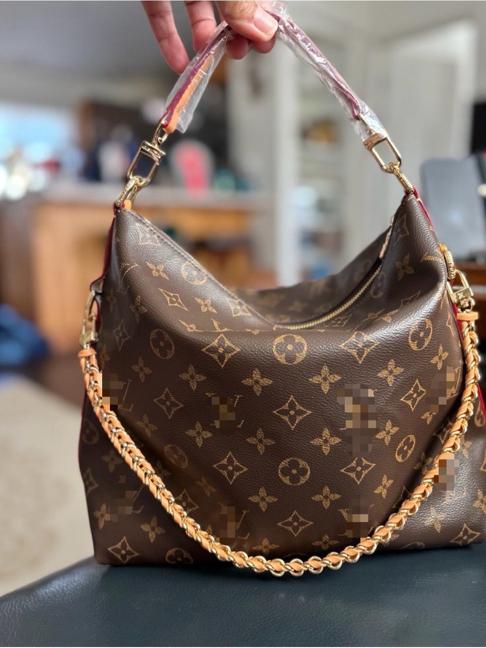 Designer Monogram Brown Hobo Shoulder Bag with Gold Chain Detail